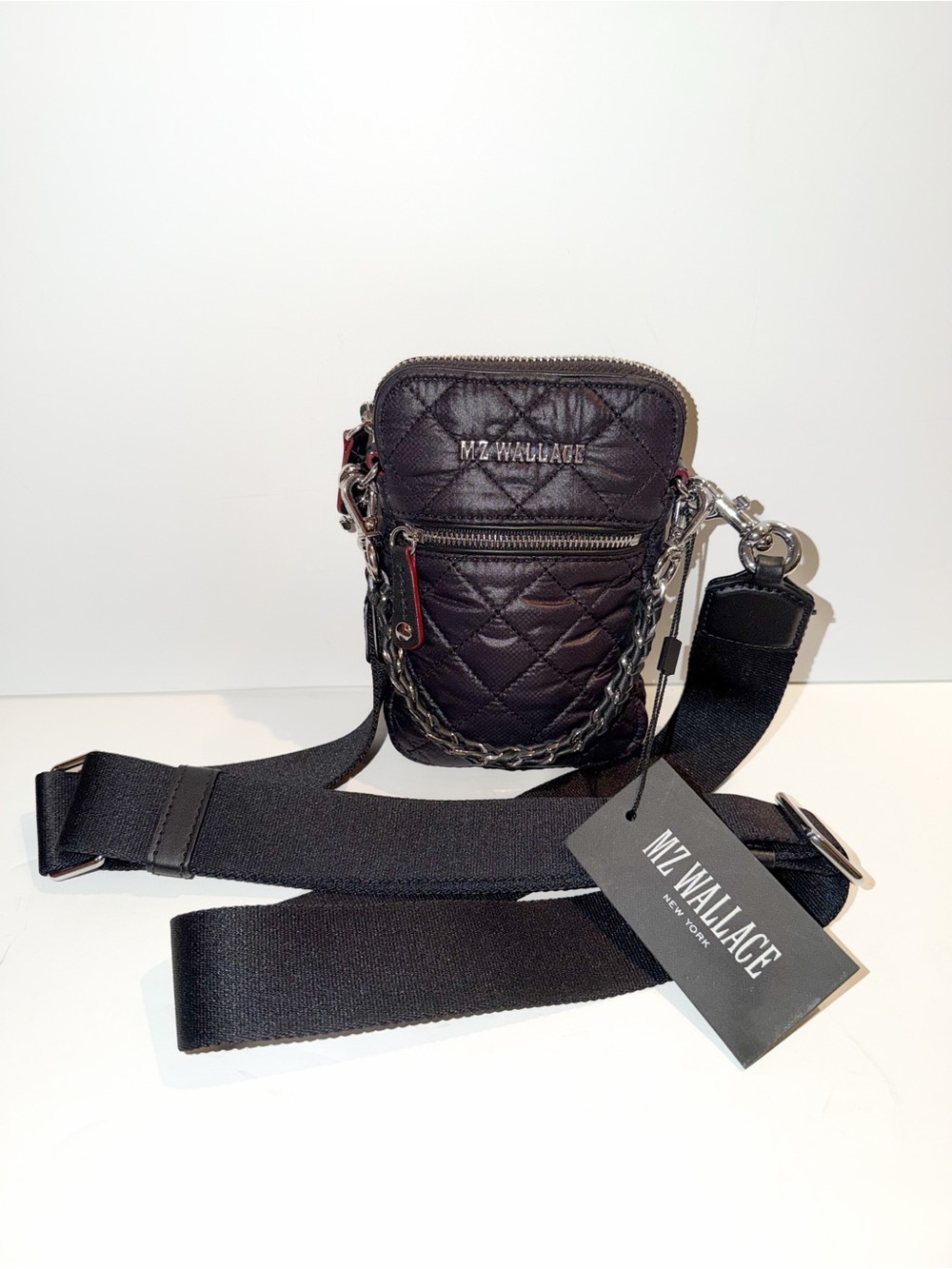 MZ Wallace Black Micro Crosby Quilted Chain-Accent Crossbody Bag